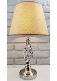 Resim Gümüş Gri Rustik Burgulu Taşlı Metal Ayak Kahverengi Kumaş Abajur Krom 