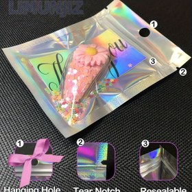 Resim 100 adet Holografik Lazer Kendinden Kapamalı Depolama Çantaları | Renkli, Kokusuz Polyester Film Şeffaf Pencere ile | Takı, Tırnak Sanatı ve Hediye Paketleme için İdeal | Tekrar Kullanılabilir, Kapanışlı | Çoklu Boyut 6.1-14.99 cm, Takı Depolama|Holografik Etki|Tekrar Kullanılabilir Deniz 