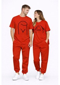Resim Sevgili Kombini Çift Tişört Oversize Unisex Matching Couple Minim Kırmızı 