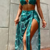 Resim Üç parçalı mayo seti: üçgen üst, yüksek kesim alt ve kapanabilir etekli kadınlar için boya desenli bikini takımı 