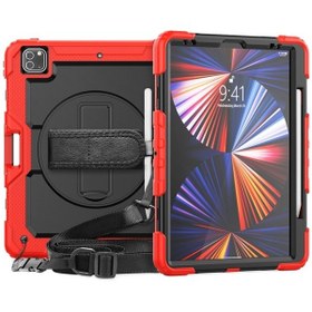 Resim iPad Uyumlu Pro 12.9 2022/2021/2020/2018 Darbeye Dayanıklı Renkli Silikon + Pc Koruyucu Tablet Kılıfı Tutucu Ve Omuz Askısı Ve El Kayışı Ve Kalem Yuvası İle 