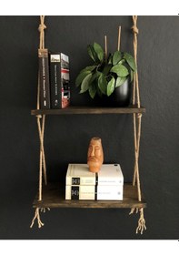 Resim O&Awood Halatlı Doğal Ahşap Dekoratif Duvar Rafı, 2 Katlı Ahşap Çiçeklik, (497953120) 