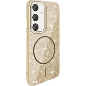 Resim Mobilzone Galaxy S23 FE Kılıf Magsafe Şarj Özellikli Parlayan Simli Zore Okso Kapak - Gold 