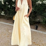 Resim Elegant Off-Shoulder V-Neck Maxi Elbise - Açık Mavi, Kolsuz, Polyester, Tatil Stili Asma Detaylı, Tüm Mevsim Giyim, Yetişkin Kadın Modası, Rahat Giyim|Tatil Stili|Polyester Kumaş 