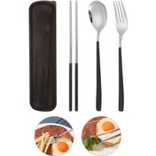 Resim 5'li Paslanmaz Çelik Çatal Bıçak Takımı, Yeniden Kullanılabilir Seyahat Çatal Bıçak Takımı, Saklama Kutusu, Çatal, Kaşık, Stand Siyah 