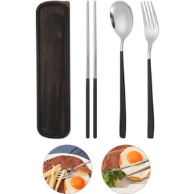 Resim 5'li Paslanmaz Çelik Çatal Bıçak Takımı, Yeniden Kullanılabilir Seyahat Çatal Bıçak Takımı, Saklama Kutusu, Çatal, Kaşık, Stand Siyah 
