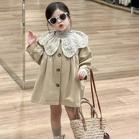 Resim Kızlar İçin Şık Dantel Detaylı Uzun Kollu Trençkot - Bol Kesim Orta Boy İlkbahar/Sonbahar Dış Giyim, Bej Düz Renk Kontrast Yaka ve Manşetli, Kore Tarzı Bebek Kız Ceketi, Günlük veya Resmi Kullanım için, Esnemez Kumaş 