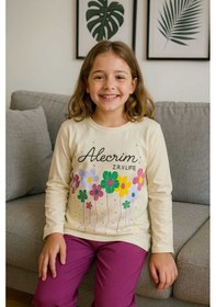 Resim Çocuk Pijama Takımı %100 Pamuk Çiçek Desenli Krem 