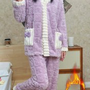 Resim Kadınların Sevimli V-Neck Jakarlı Pijama Takımı, Polyester %100, Kalınlaştırılmış Polar Tavşan Deseni Bow Detaylı, Sonbahar/Kış Örgü Kumaşlı Uyku Giyimi 