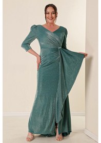 Resim Önü Volanllı Astarlı Simli Büyük Beden Elbise Mint - Mint Mint Yeşili 