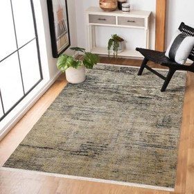 Resim Sarı Soyut Modern Geometrik Etnik Eskitme Desenli Boho Makinada Yıkanabilir Hafif Hav Toz Vermez Leke Tutmaz Kaymaz Taban Dijital Makine Baskı Halı Oturma Odası Salon Yolluk Koridor Mutfak Halısı 