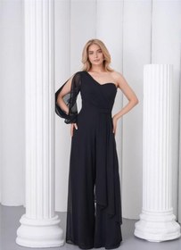 Resim Neşeli Butik kadın siyah tek kol astarlı tül kumaş tasarım abiye tulum NBS9389 