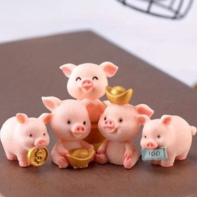 Resim 5 Adet Reçine Şanslı Altın Domuz Figürleri Seti - Para Servet Domuz Minyatür Koleksiyon Bebekleri Şükran Günü için, Elektrik Gerektirmez, DIY Bahçe ve Sukulent Mikro Peyzaj Dekoru, Araba ve Pasta Süsleri 