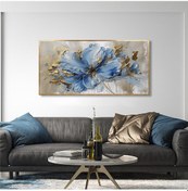 Resim Yağlı Boya Dokulu Tablo Modern Mavi Tek Çiçek Altın Çerçeveli U02030-178884 