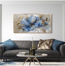 Resim Yağlı Boya Dokulu Tablo Modern Mavi Tek Çiçek Altın Çerçeveli U02030-178884 