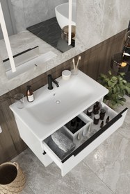 Resim BALNEOM Banyo Kadife Beyaz Parlak Hıgh Gloss %100 Mdf 80 Cm Banyo Dolabı Led Işıklı Aynalı Üst Dolap 