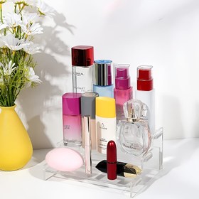 Resim 3 Katlı Akrilik Ekran Standı - Kalınlaştırılmış ve Kristal Berrak, Makyaj Takı Parfüm için Kolay Montaj Rafı, Ev Dekoru için Çoklu Bölümlerle Güçlü Sunum Organizatörü, Makyaj Organizatörü için Vanity, Şık Modern Görünüm, Berrak Akrilik Yapı 