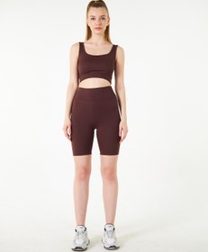 Resim THIFF GYMWEAR Kahverengi Yüksek Bel Toparlayıcı Kısa Şort Spor Fitilli Biker Tayt 