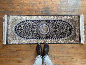Resim Blue Traditional Turkish Runner Silk Carpet 2x5ft (60x150cm) - Luxury Hallway Rug 