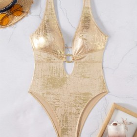 Resim Kadınlar İçin Seksi Tek Parça Mayo - Derin V Yaka, Arka Bağcıklı Ayarlanabilir Askılar, Metalik Altın Simli Yüksek Kesim Bikini Alt, Çıkarılabilir Göğüs Pedleri & Push-Up Tasarım, Esnek Makinede Yıkanabilir Plaj ve Havuz Kıyafeti, Yaz Modası, Çıkarılabilir Dolgu, Yüksek Elastik Kumaş 