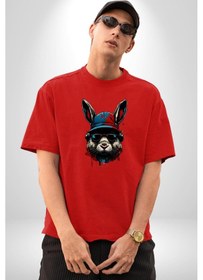 Resim Müzik Şapka Gözlük Takan Tavşan Pamuklu Bisiklet Yaka Unisex Oversize Boyfriend Dijital Baskılı Kırmızı T-shirt Kırmızı 