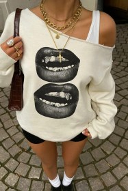 Resim Kadın Ekru Oversize Sweatshirt Baskılı Dudak Desenli, Sokak Stili, Rahat Kesim Ekru 