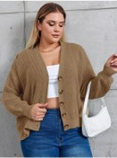 Resim Kadın Beş Düğme Büyük Beden Triko Hırka Kahve 