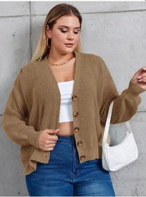 Resim Kadın Beş Düğme Büyük Beden Triko Hırka Kahve 