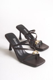 Resim Shoesers Kadın Özel Tasarım Koyu Kahverengi İnce Çapraz Bantlı Parmak Arası Aksesuarlı Abiye Terlik 