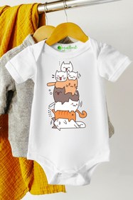 Resim Baby&Baby Kedi Piramidi %100 Pamuklu Organik Baskılı Unisex Bebek Body Zıbın 