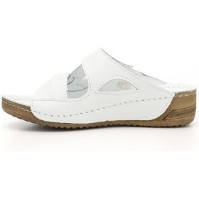 Resim Gönderi R Beyaz Cırtlı Dolgu Taban Hakiki Deri Terlik Bej - Beyaz - Kırmızı 