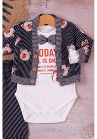 Resim Papyonlu Bear Çizgili Model Ceketli 3'lü Erkek Bebek Takımı Siyah 