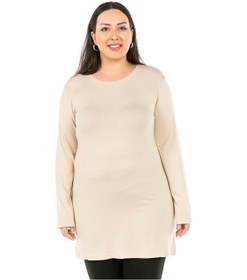 Resim Büyük Beden Yuvarlak Yaka Uzun Kollu Viskon Uzun Bej Rengi Body 