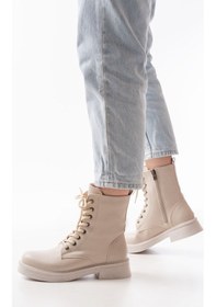 Resim 02-356 Bej Düz Topuklu Bağcıklı Fermuarlı Günlük Kadın Bot Beyaz 