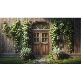 Resim Venspor Rustik Ahşap Kapı ve Çiçeklerle Süslenmiş Ev Arkaplan - 200x150cm Fon Duvar Örtüsü 