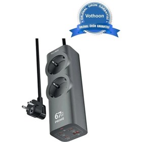 Resim Vothoon 67W Hızlı Şarjlı Akıllı Çoklu Priz - 2000W Güç, 2 USB-C + 2 USB-A Çıkışlı, Telefon & Laptop Uyumlu 