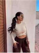 Resim HELLODEAR Beli Çapraz Detaylı Ottoman Kumaş Crop Bluz 