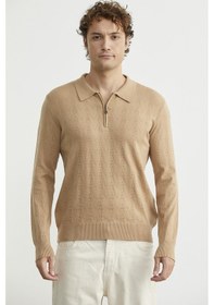 Resim Fermuarlı Polo Yaka Triko Kazak - Bej Bej 