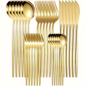 Resim 5'li/30'lu Paslanmaz Çelik Sofra Takımı, Portekiz Tarzı, Yüksek Kaliteli Steak Bıçağı, Çatal, Kaşık, Tatlı Kaşığı ve Tatlı Çatalı, Bulaşık Makinesinde Güvenli Kullanım İçin Uygun, Ev, Mutfak, Batı Restoranı, Otel, Yeni Yıl, Hediye Verme, Şükran Günü, Paskalya, Noel ve Düğün Altın 
