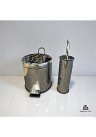 Resim İsaoğlu Yapı Banyo Çöp Kovası Klozet Fırçası Seti Paslanmaz Malzeme Kapaklı Kova Ve Fırça Gri 