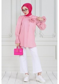 Resim Sevitli Gül Broşlu Kolu Fırfırlı Tunik-pembe-3610-pembe Pembe 