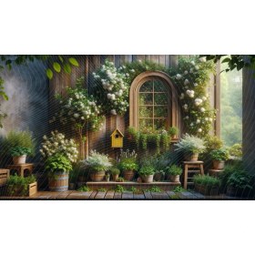 Resim Venspor Rustik Bahçe ve Pencereli Kuş Evi Temalı Arkaplan 200 x 150 cm Fon Duvar Örtüsü 