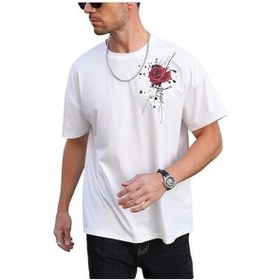 Resim Erkek Bisiklet Yaka Kısa Kol Baskılı T-shirt - Beyaz Siyah 