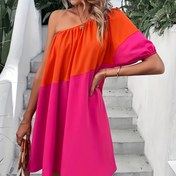 Resim Kadınlar İçin Şık Omuz Açık Renk Bloklu Elbise - Fener Kollu, Canlı Turuncu ve Pembe Kontrastı, Akıcı A Kesim, Makinede Yıkanabilir, İlkbahar/Yaz için Mükemmel, Esnek Kumaş 