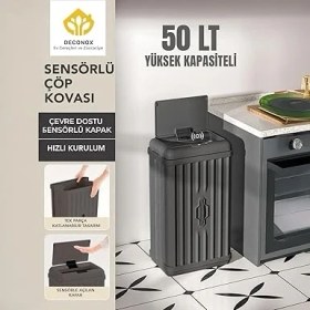Resim CetKing 50 Lt Sensörlü Çöp Kovası, Portatif Katlanabilir, Büyük Boy Premium (62X36X26CM), Otomatik Dokunmatik Hareket Sensörlü Akıllı Mutfak Banyo Ofis Çöp Kutusu (Antrasit) 