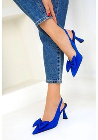 Resim Feles Kurdela Detaylı Arkası Açık Stiletto Kadın Topuklu Ayakkabı MAVİ 