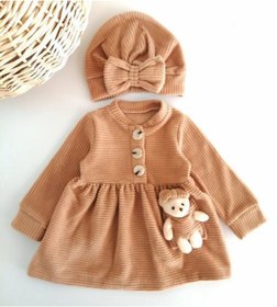 Resim aryakids Kız Bebek Ahşap Düğmeli Ayıcıklı Boneli Kışlık Elbise Kahve 