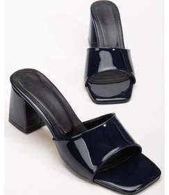 Resim Rugan Ve Düz Tekbant Lacivert Rugan Kadın Topuklu Terlik-3992 Lacivert 