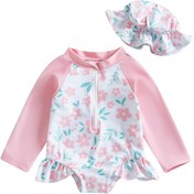 Resim Toddler Girls Çiçekli Rash Guard Mayo Romper Fermuarlı - Uzun Kollu, Vintage-Style, Ruffle Detay, Plaj ve Havuz için Mükemmel, Plaj Mayo | Çiçek Baskılı Romper | Fermuarlı Romper, Toddler Mayo 