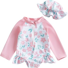 Resim Toddler Girls Çiçekli Rash Guard Mayo Romper Fermuarlı - Uzun Kollu, Vintage-Style, Ruffle Detay, Plaj ve Havuz için Mükemmel, Plaj Mayo | Çiçek Baskılı Romper | Fermuarlı Romper, Toddler Mayo 
